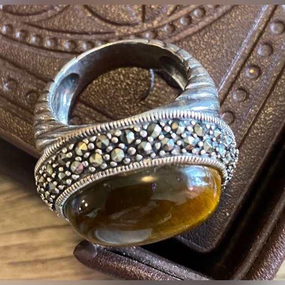 Jewelry - Vintage Genuine Tigers eye Marcasite Ring Heavy Sterling Silver Stamp 925 THAI